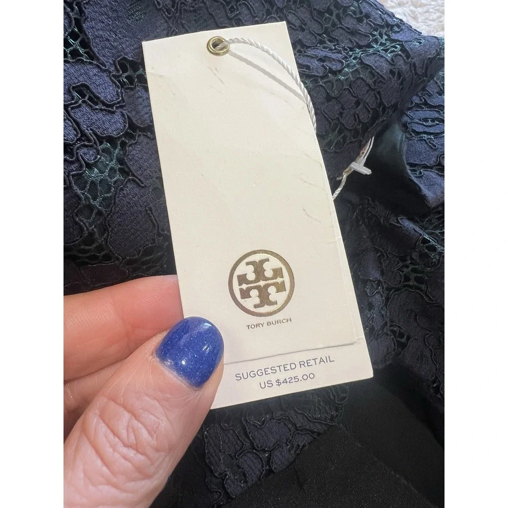 TORY BURCH Dress Blue Lace Green lined floral lace sheath cocktail mini 4 NWT